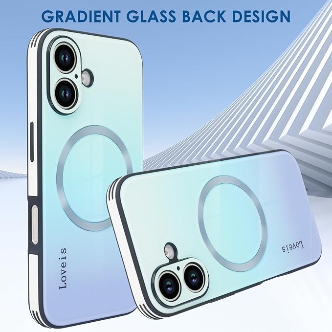 Guppy Compatible with iPhone 16 Plus Case Magnetic, with Full Camera Lens Protector [Compatible with MagSafe] Scratch Resistant Gradient Glass Back Cover Phone Case-Blue