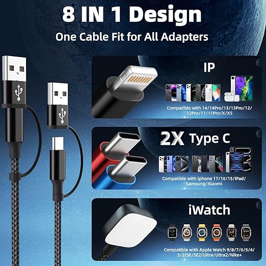 Dual Type-C Port 4 in 2 USB C Cable for iWatch Charger/iPhone 17, Travel Charger Multi Charging Cable Cord for iWatch Ultra/SE/10-1, iPhone16-8, iPad, Android, Car, Cruise Essentials - 1Pc 5FT
