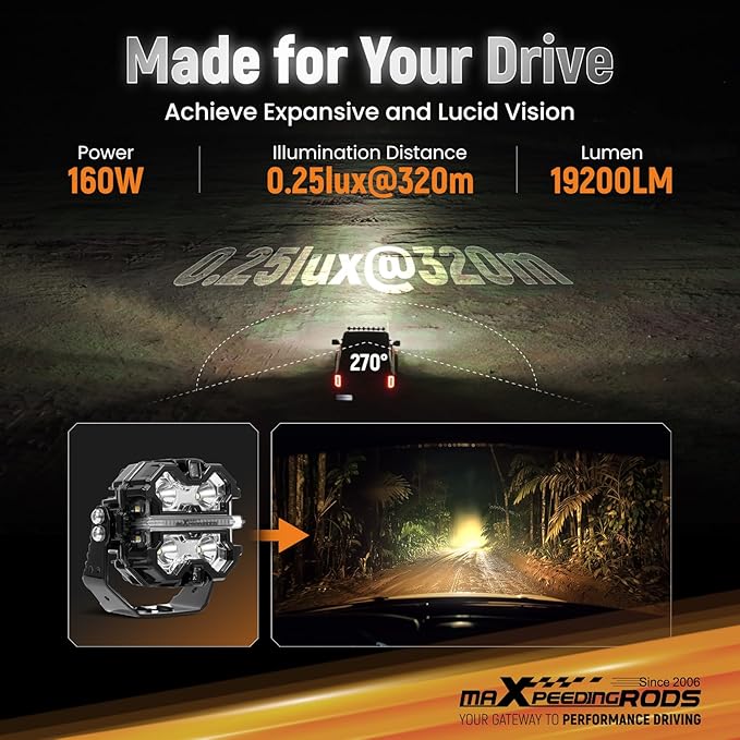 maXpeedingrods 2 x 3.5 160W Offroad Lights, LED Light Bar 19200LM with White Amber DRL, 270°Side Shooter Pod Lights, Fog Spot Light with Black Covers for Jeep Wrangler,Trucks UTV ATV Motorcycles