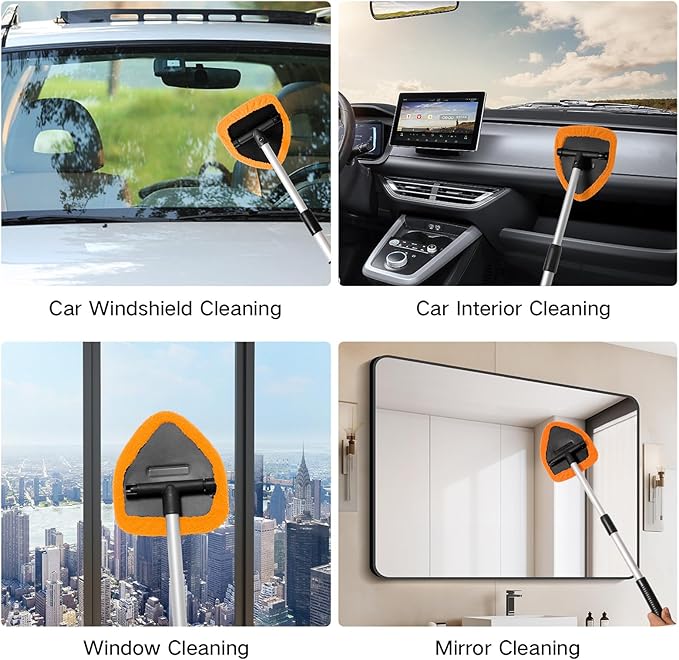 Qydipclin 10pcs Windshield Cleaner Tool, Car Window Cleaning Wash Kit with 4 Reusable Microfiber Pads 1 Spray Bottle and Extendable Handle Auto Glass Wiper Kit, Orange