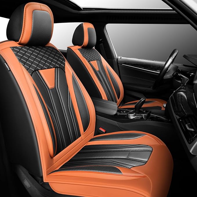 Fit Altima Car Seat Covers Compatible with Nissan Altima 2011-2025 2026 - Premium Leather， Waterproof Breathable， All-Weather Seat Cushion Protecto&Airbag Compatible (2 Front Seat Orange&Black)