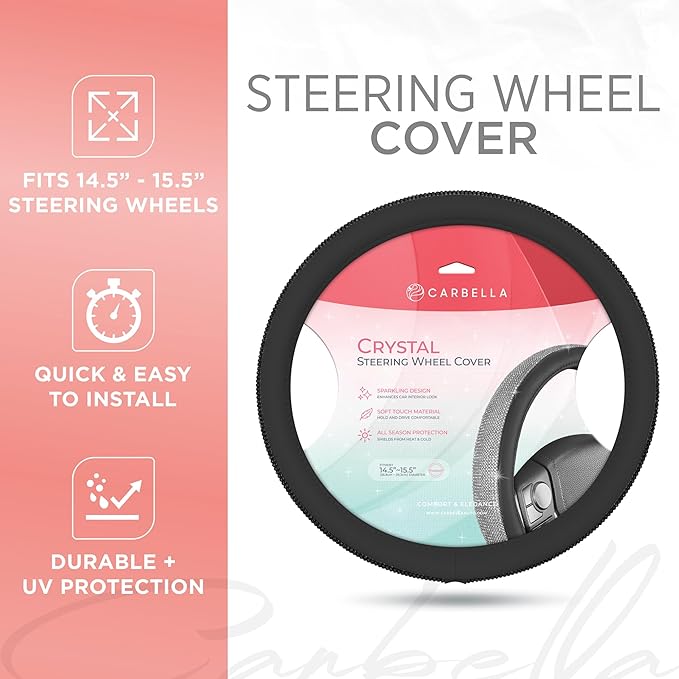 Carbella Leatherette Crystal Bling Steering Wheel Cover for Car SUV, Glitter Sparkle Rhinestone Cute Car Accessories for Women Universal Fit Standard Size (Fits 14.5"-15") - Black w/Black Bling