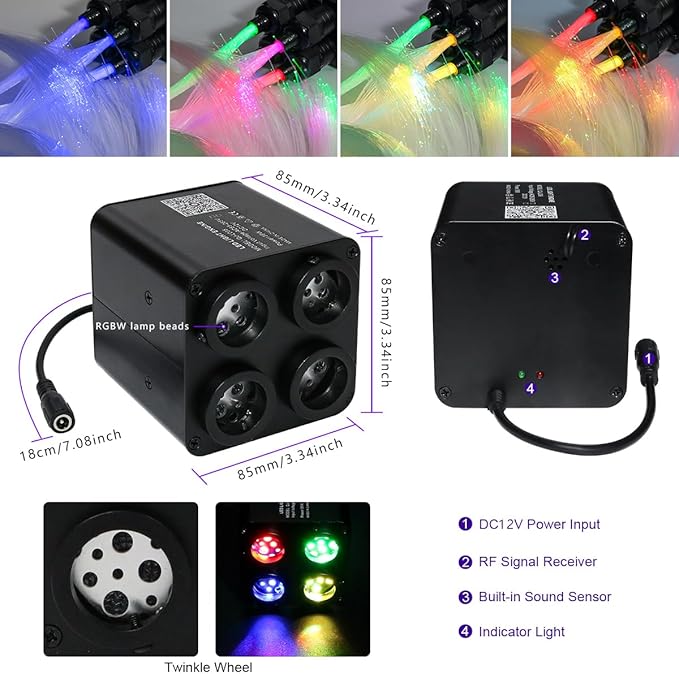 AZIMOM 4Port 36W Twinkle 1600pcs 0.03in 13.1ft Fiber Optic Starlight Headliner Kits 4Colors Light Source Sound Activated Remote APP Control Home Indoor Ceiling Car Headliner Decoration