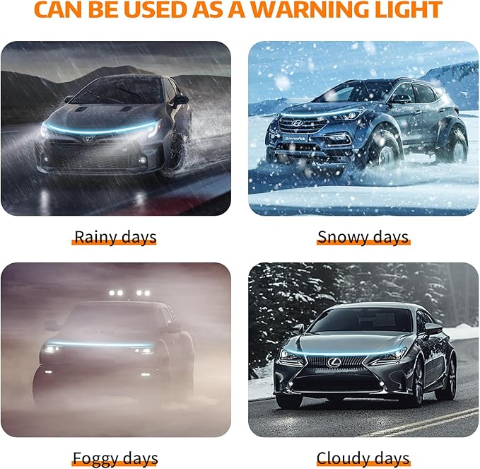 Car Under Hood LED Light Strip 70 Inch Waterproof Flexible Silicone Dynamic Scan Startup Effect Daytime Running Lights 12V Universal Fit for Cars Trucks SUVs Exterior Decoration Kit
