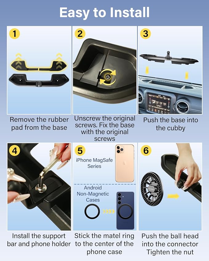 Phone Holder for Jeep Wrangler JL JLU/Gladiator JT 2024 2025 Accessories Automobile Cradles Magnetic Phone Mount Compatible with MagSafe, Magnets Dashboard Mount Dash Tray (2024+ 4X4, Not for 4XE)