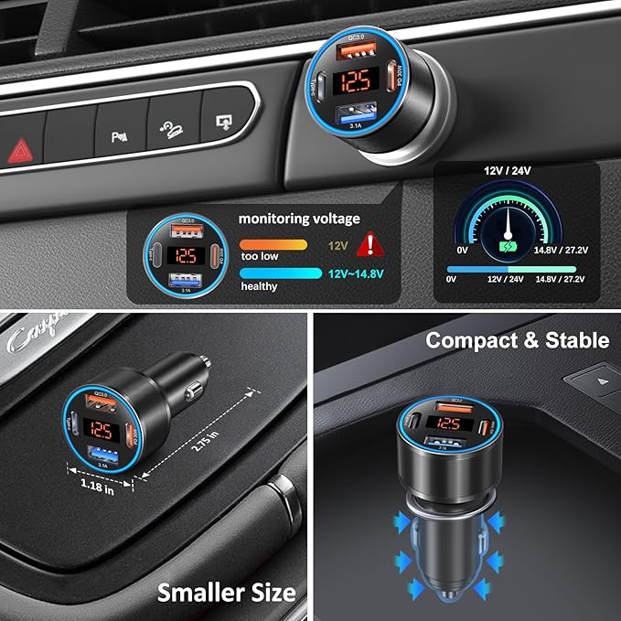 65W 4-Port Super Fast Type C Car Charger USB C for Samsung S26/S25/S24/S23/S22 Ultra/A17/A16/Z Fold/Flip Android Car Phone Adapter 12v Cigarette Lighter Plug with Voltage Display+6FT USB C Cable
