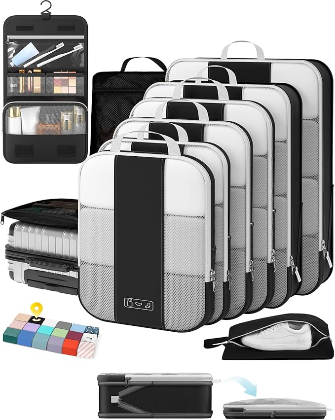 10 Set Compression Packing Cubes for Travel Essentials,Compressible Expandable Packing Cubes for Suitcase,OlarHike Luggage Organizer Bags for Travel,Handy Helper for Organizing Clothes(Black)
