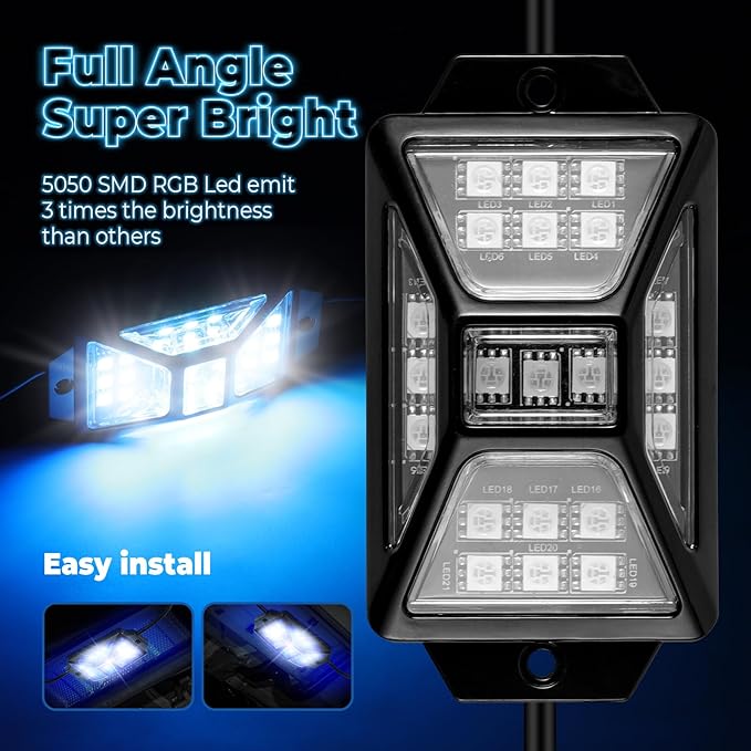 4 Pods Full Angle RGB Rock Lights Compatible with 12V Trucks Jeep UTV SUV ATV Boat Golf Cart, Waterproof Multi-Color, App/Remote Control Led Rock Lights with Music Mode(Patented)