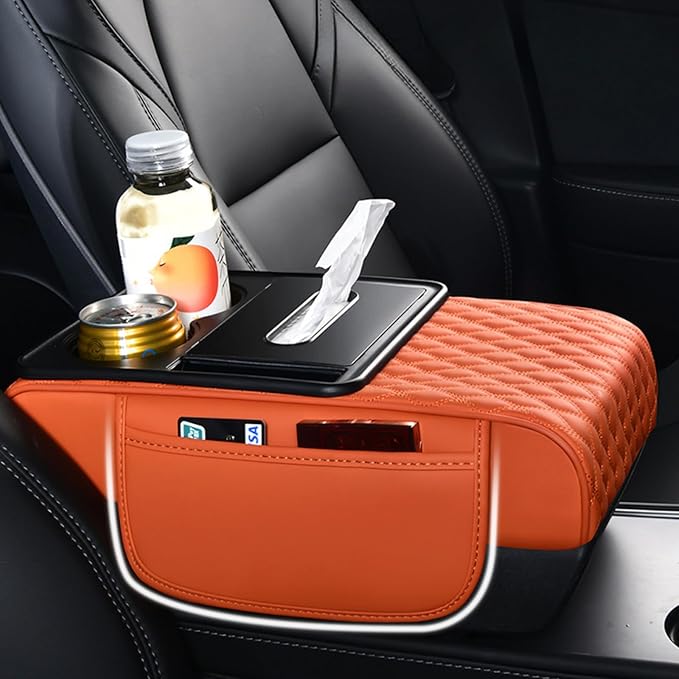 5-in-1 Car Armrest Pad Cushion, Water Ripple Embossed Center Console Booster Pad with Tissue Box, Cup Holder, Storage Bag, Phone Slot, Fit for Most Sedan Vehicles (Water Ripple Series, Coffee)