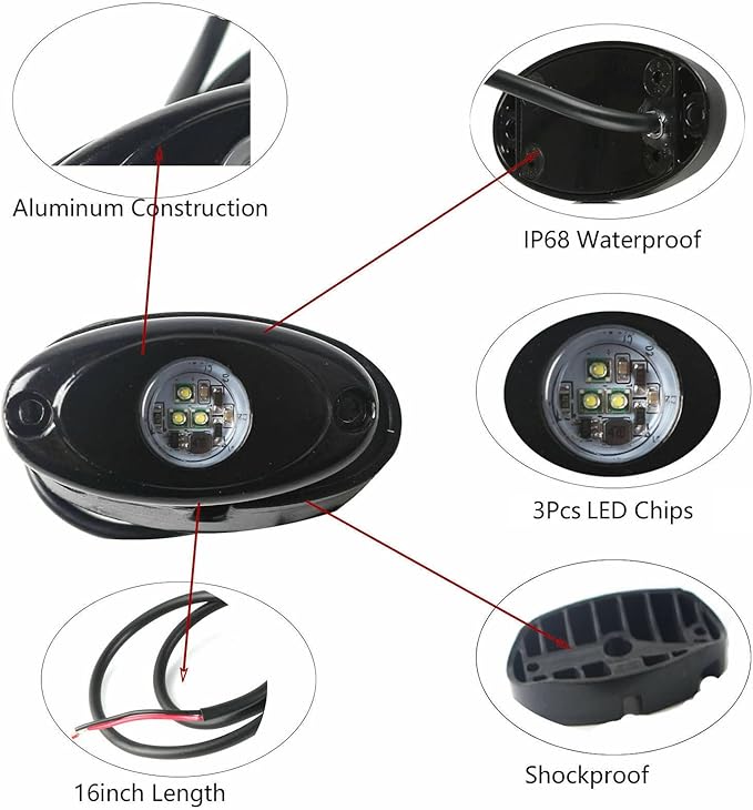 4 Pods LED Rock Light for Jeep ATV SUV Offroad Car Truck Boat - Map, Cargo, Trail Rig Lamp - Underbody Glow, Underglow, Neon - Waterproof 12V 24V - White