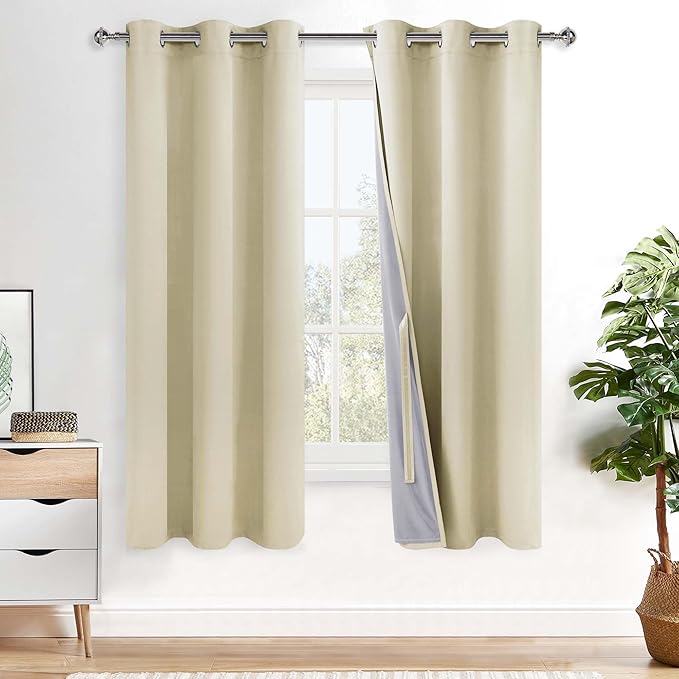 XWZO 100% Blackout Curtains - Heat and Full Light Blocking Drapes with Black Liner for Bedroom/Laundry Room, Grommet Top Window Panels with Tiebacks, Beige, W42 x L72, Set of 2
