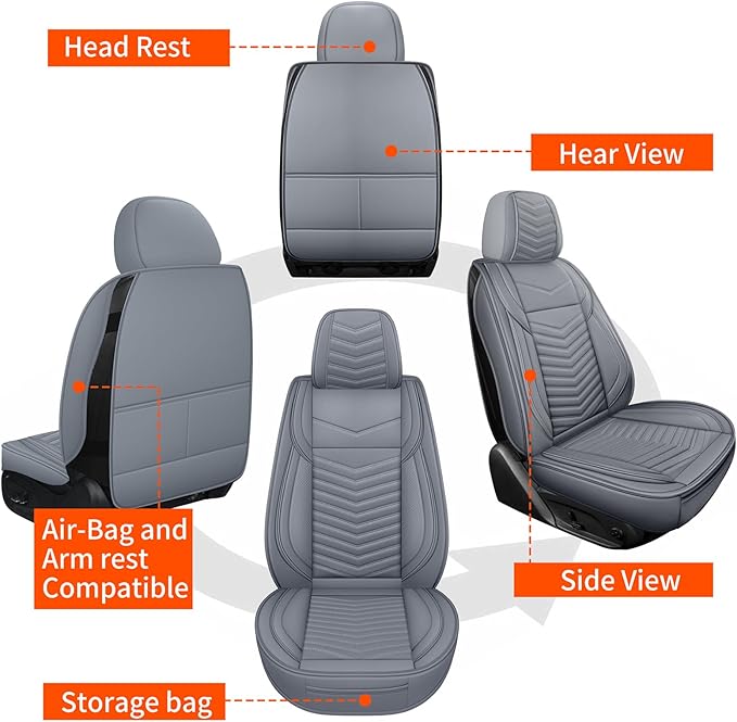 Nappa Leather Car Seat Covers Front Seats, Gray Car seat Protector, Waterproof Car Seat Cushion, Universal Automotive Seat Covers Fit for SUV Truck Pick-up Sedan and Most Cars
