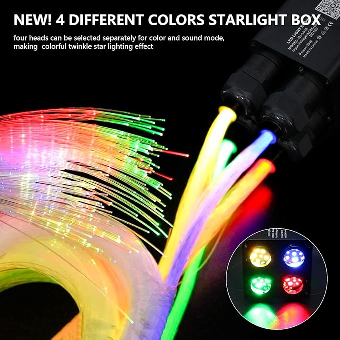 AMKI Updated 4Color Twinkle 36w Starlight Headliner Kits 1300pcs 0.03in 9.8ft Fiber Optic Light Cable 4 Ports Starlight Box App/Remote Control Sound Mode for Car Home Ceiling Decoration
