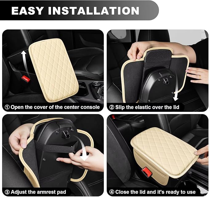 Upgraded Car Center Console Cover Fit for Highlander Faux Leather Car Armrest Cover Cushion with 2 Storage Bags,Car Armrest Storage Box Interior Accessories(Beige&Whiteline)