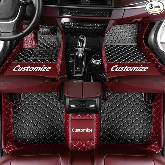 Custom Fit Car Floor Mats - Full Coverage Automotive Leather Floor Liners for Most Vehicles by MingyunSM (Black & Wine Red)