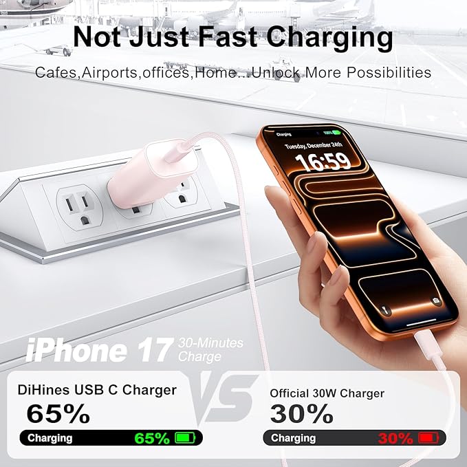 Phone 16 15 Charger Fast Charging,30W Type C Chargers USB C Charge Block with 2 Pack 10FT USB C Cable Nylon Braided for Phones 16/16 Plus/16 Pro/16 Pro Max/Phone 15/15 Pro Max/Pad Pro/AirPods,Pink