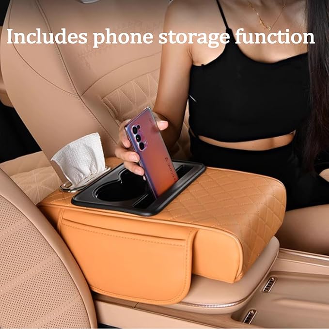Multifunctional Pu Leather Car Armrest Box Mat, 5-In-1Multifunctional Car Armrest Cushion, Car Arm Rest Cover Pad, Center Console Organizer with Cup Holder, Tissue Box & Phone Slot (Burgundy)