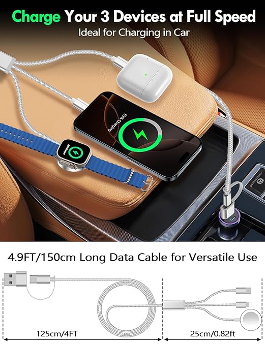 Travel Essentials for Apple Watch Charger,iPhone Charger,3 in 2 Type C/L/Magnetic Fast Charging Cable,Multi Charging Cable Portable Designed for iWatch Series,iPhone 17-11,Galaxy S26-S21,Car-5FT