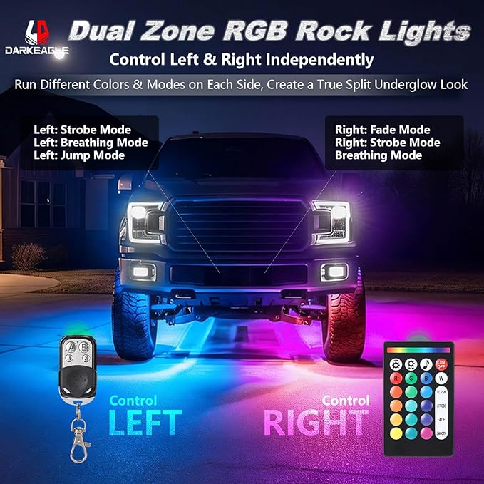 16Pods RGB LED Rock Lights for Trucks Pickup Jeep Gladiator Off-Road, Multicolor Underglow Light Kit with APP/RF Remote Dual Zone, Plug and Play&Pre Wired 12V Vehicle Underbody Accent Light Waterproof
