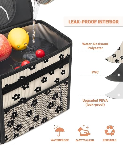 Capolo Car Trash Can with Lid, Leakproof Car Trash Bag Hanging Waterproof Automotive Garbage Can with Storage Pockets Mini Vehicle Trash Bin for Back/Front Seat(Black Flower,2.5 Gallon)