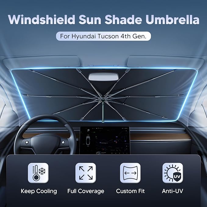 Autorder Windshield Sun Shade Umbrella for 2022-2026 Hyundai Tucson Accessories,Upgraded Ice Crystal Material,Easy Setup Umbrella Sunshade for Car Windshield,100% Sun Blocking