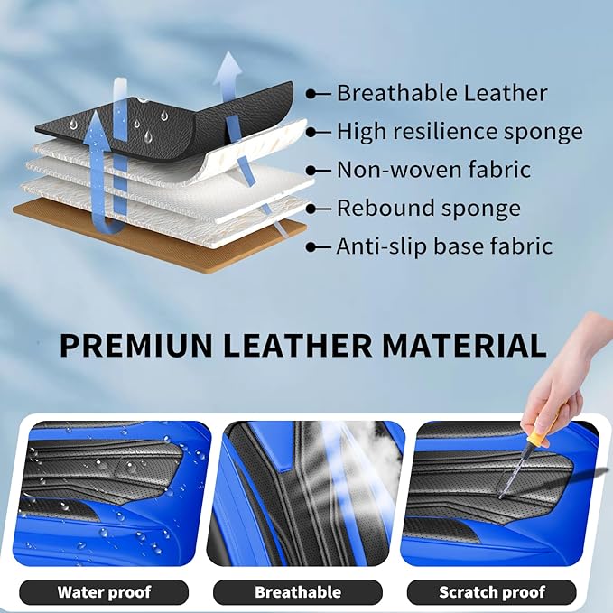 Fit Leaf Car Seat Covers Compatible with Nissan Leaf 2012-2025 2026 - Full Set Premium Leather， Waterproof Breathable， All-Weather Seat Cushion Protecto&Airbag Compatible （Blue & Black