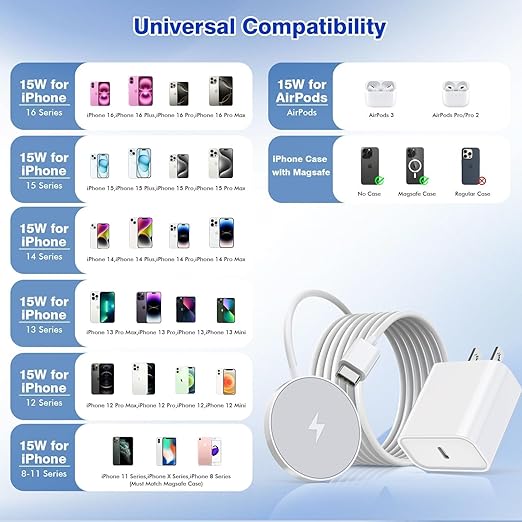 [Apple MFi Certified]Magnetic Wireless iPhone Charger Magsafe Charger,6FT 15W Fast Phone Charging Pad Wireless Magnetic Charge for iPhone 17/17Air/16 Pro Max/16 Plus/15 Pro Max/14/13/12/AirPods3/2/Pro