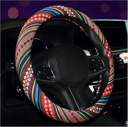 Boho Steering Wheel Cover, 15 Inch Coarse Flax Cloth Ethnic Style Anti-Slip Car Wheel Wrap, Universal Breathable Bohemian Steering Wheel Protector for Cars Vans Trucks (F)