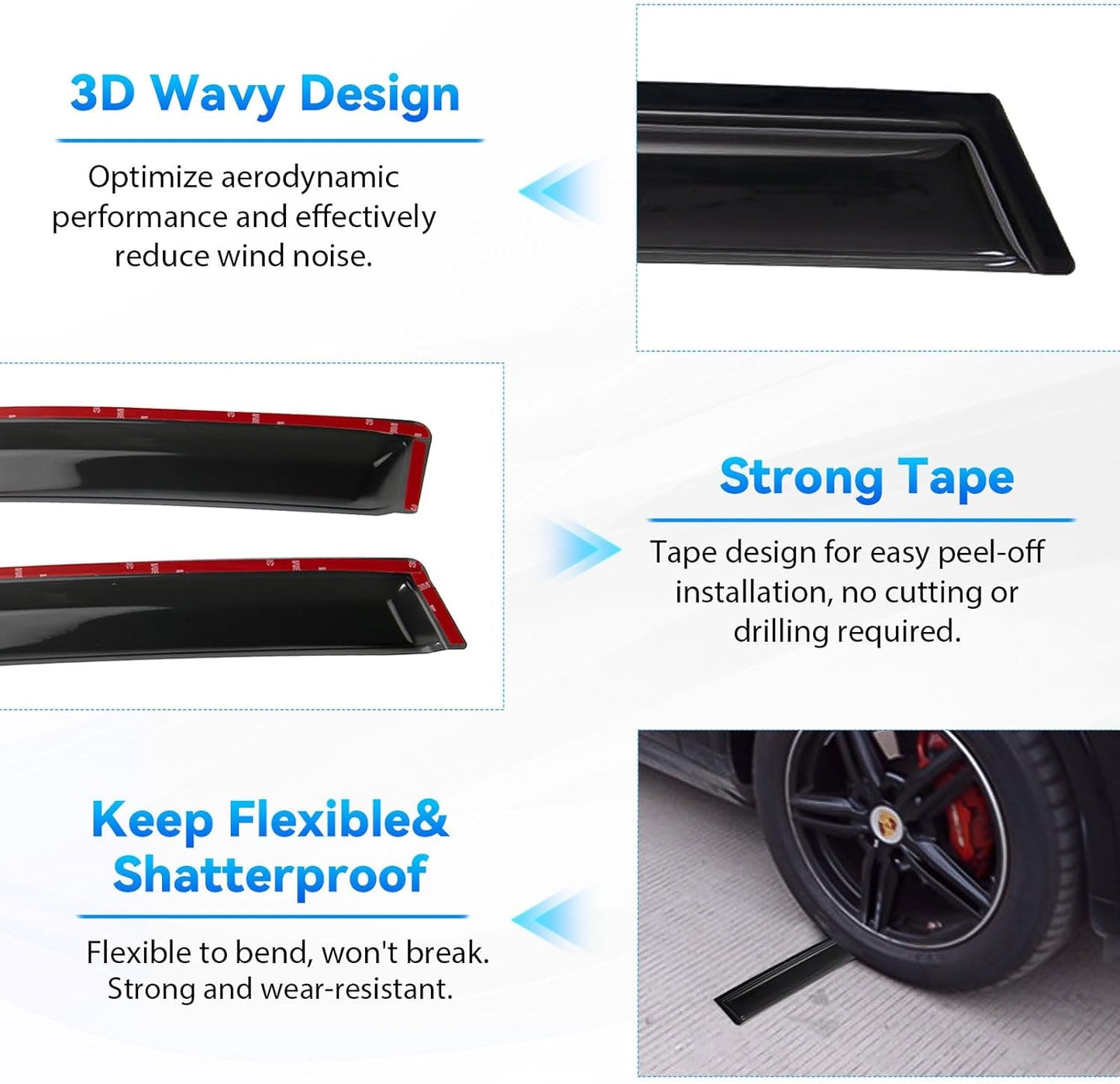 4pcs Front+Rear Smoke Tint Sun/Rain Guard Outside Mount Tape-On Vent Window Visors Compatible with 19-22 Silverado/Sierra 1500 Double/Extended Cab with Small Size Rear Doors