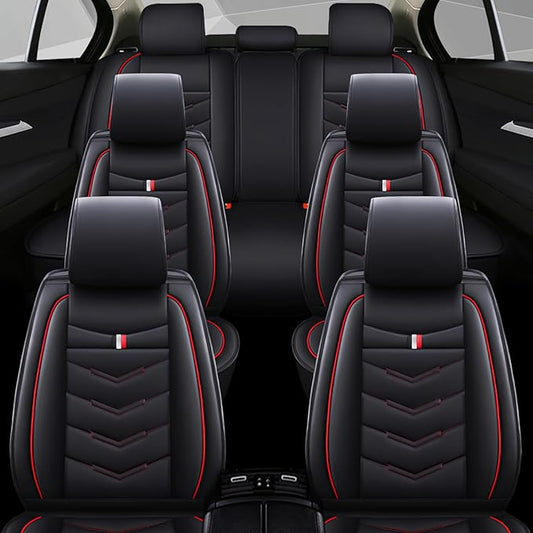 Car Seat Covers 7 Seats for Ford Explorer 2000-2025, Waterproof Durable Compatible Airbag, Premium Leather Seat Protector(7 Seats Standard,Black Red)