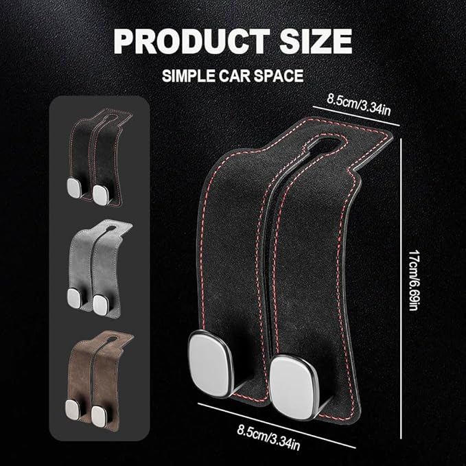 2026 New 2 in 1 Car Seat Back Storage Hook, Car Backseat Organizer Accessories, Premium Leather Headrest Hook for Auto Hooks Organizer for Handbag Purse Coat Bags (1, Black)