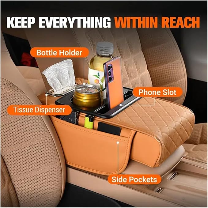 Car Armrest Box Thicken Height Pad Arm Rest Cushion Memory Cotton Elbow Universal Auto Interior Storage Tissue Organizer(Beige)