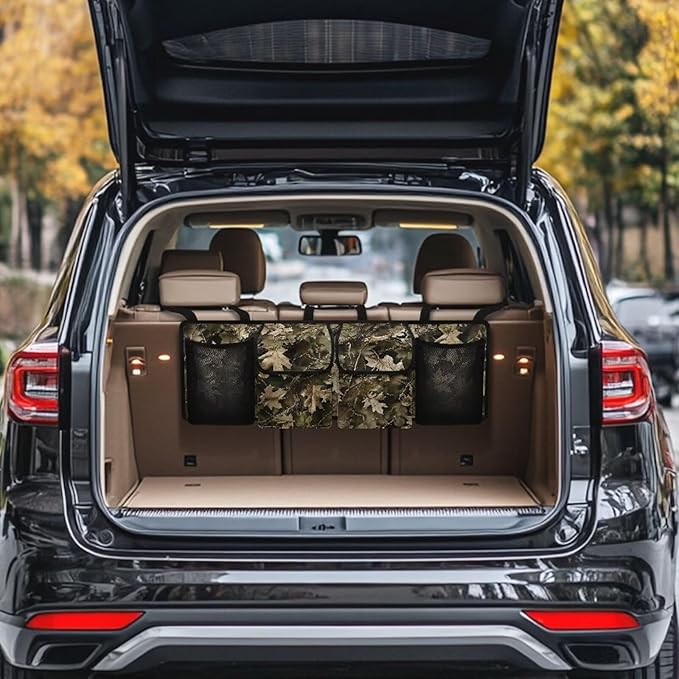 Camo Trunk Organizer for Car Storage Organizer with 4 Pockets, Space-Saving Trunk Storage Organizer with 2 Pockets & 2 Mesh Pouches for Groceries, Car Travel Accessories for Women and Men