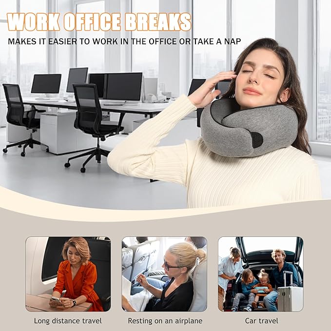 Travel Neck Pillows for Airplanes Or Cars, 360° Head Support for Comfort On Long Flight, Skin-Friendly and Breathable, Kit with 3D Contoured Eye Mask, Earplugs and Storage Bag