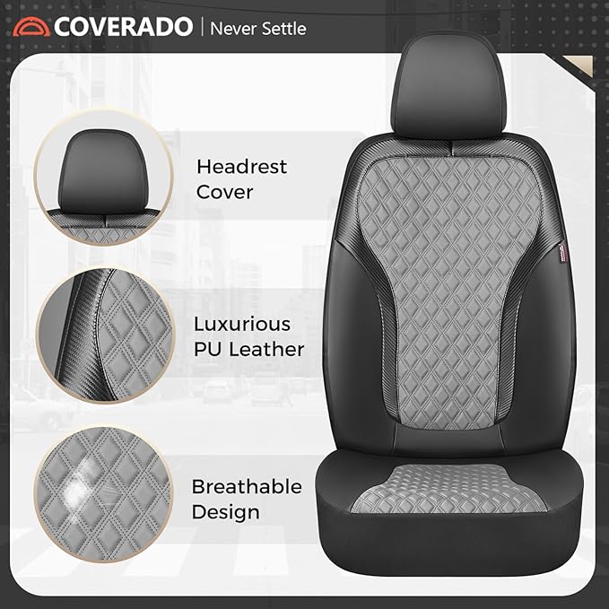 Coverado Car Seat Covers 5 Seats, Leather Seat Covers Full Set, Carbon Fiber Textured Design, Durable Waterproof Seat Protectors, Black&Gray Seat Cover, Automotive Seat Covers Universal Fit Most Cars