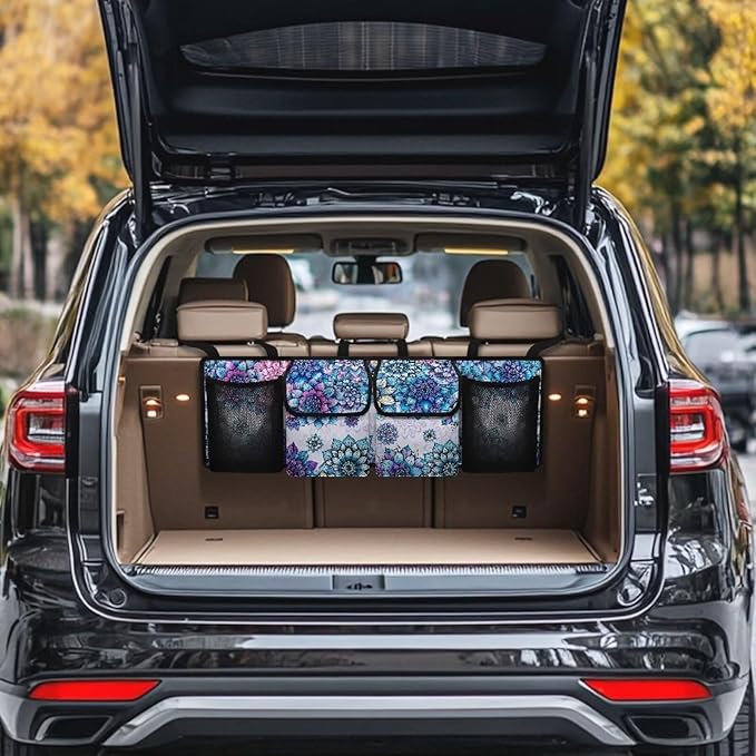 Boho Mandala Blossom Car Trunk Organizer with 4 Storage Bags Hanging Back Seat Car Organizer for Women Large Capacity Cargo Bag