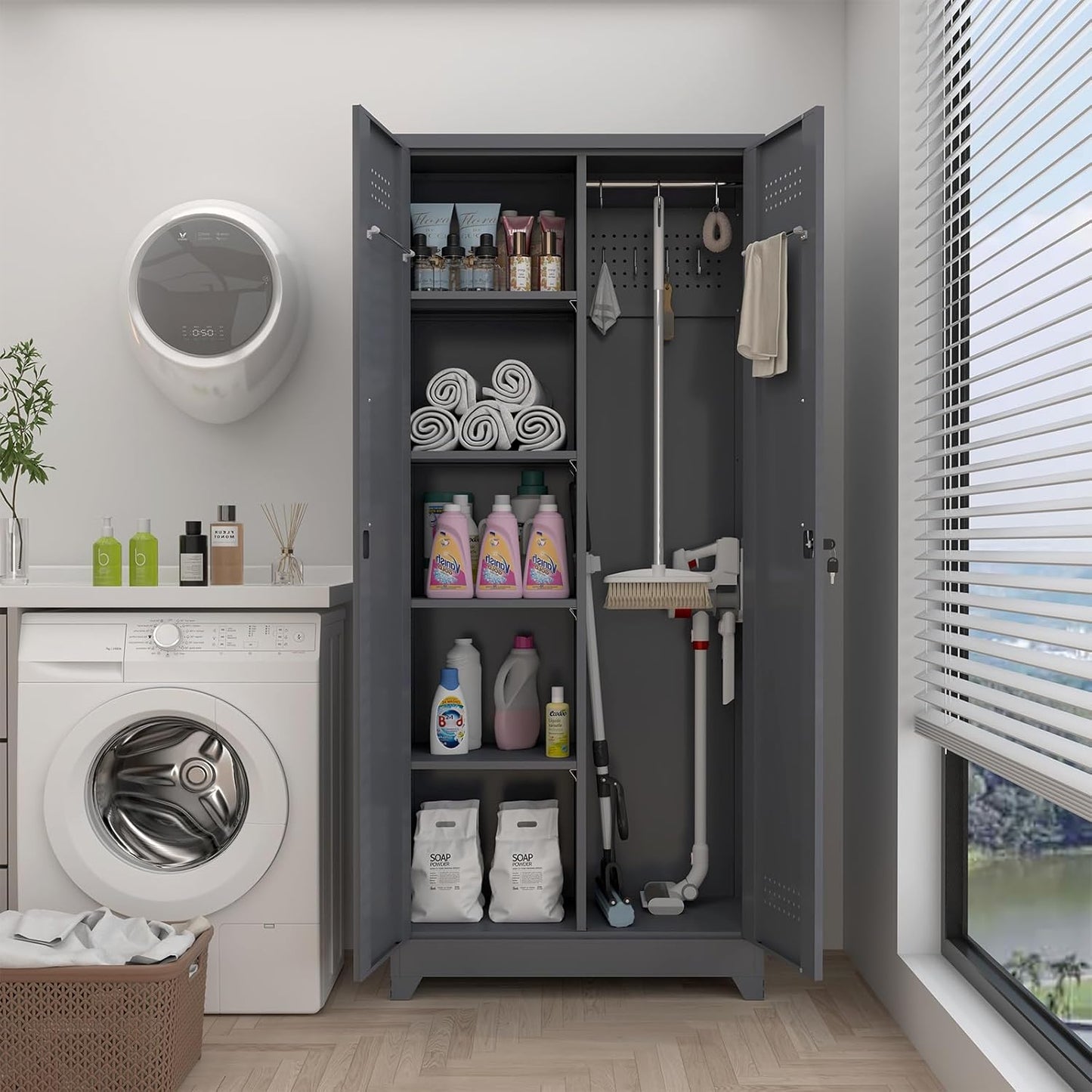 GREATMEET 72.8" H Metal Storage Cabinets with Doors and Shelves, Grey Broom Closet Storage Cabinet, Broom and Mop Utility Cabinet for Home,Kitchen,Garage