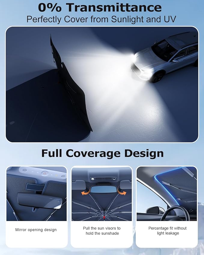 DMJN Umbrella Windshield Sun Shade - Large, Car Sunshade for Front Windshield [Nano Ice-Crystal Coatings] UPF50+ Heat & UV Block, Protect Interior & Keep Cooler Universal for Car, SUV, Truck