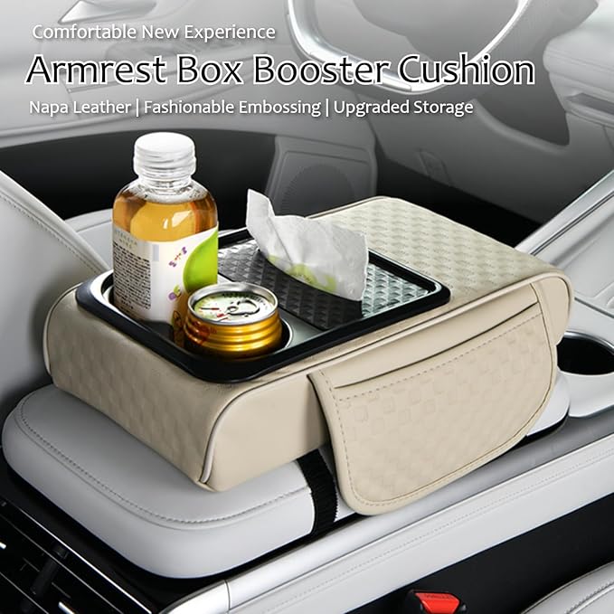 Car Center Console Armrest Pad, Arm Rest Box Cushion with Ergonomic Height Boost, Storage Pockets, Built-in Tissue Box, Cupholder, Fit for Most Sedan Vehicles (Embossing Checkerboard, Coffee)