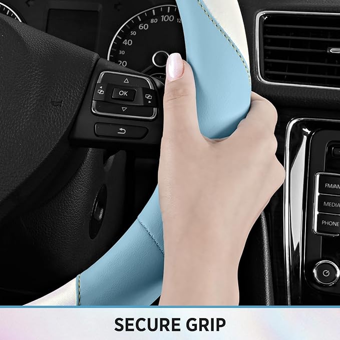 Road Comforts Steering Wheel Cover – Breathable Leather Steering Wheel Cover, Anti-Slip Grip, Universal Fit 14.5” to 15”, Heat & Cold Resistant for Cars, SUVs, and Trucks – Shining White & Blue