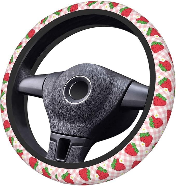 Pink Strawberry Steering Wheel Cover Women Men Floral Checked Elastic Stretch Soft Car Wheel Protector Universal Breathable No-Slip Car Accessories for Truck Van SUV Auto Fit 14-15 Inches