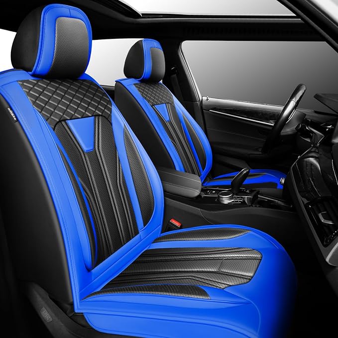 Fit Versa Car Seat Covers Compatible with Nissan Versa 2008-2025 2026 - Premium Leather， Waterproof Breathable， All-Weather Seat Cushion Protecto&Airbag Compatible (2 Front Seat Blue&Black)