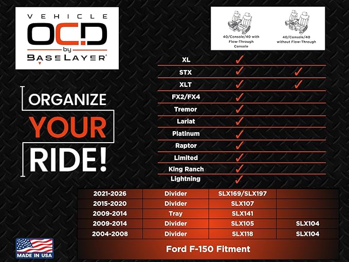 Vehicle OCD - Center Console Organizer for Ford F150 (2015-2020) (Full Console w/Bucket Seats ONLY) - Made in USA - SLX107