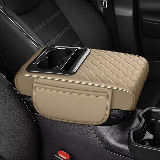 Center Console Cover Fit for Corolla Cross Faux Leather Car Armrest Cushion with Storage Bags, Cup Holder ＆ Phone Storage Multifunctional Middle Console Cover(Beige)