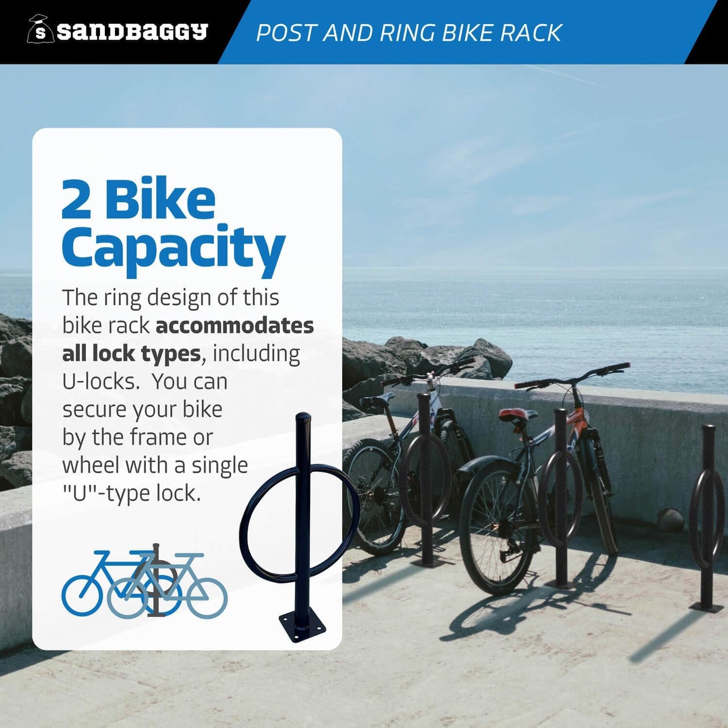 Sandbaggy Post and Ring Bike Rack - Commercial Bike Racks - Galvanized Steel - Anti-Theft Design - In Ground, Apartments, Sidewalks, Industrial (Gray, 1)