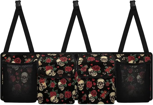 Skull Rose Car Trunk Organizer with 4 Storage Bags Hanging Waterproof Car Back Seat Organizer for SUV,Truck,Van Collapsible Cargo Bag