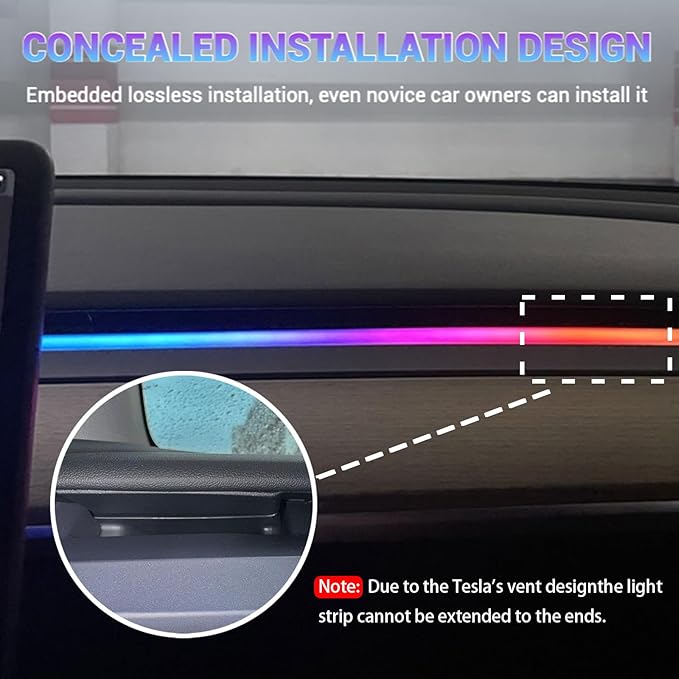 LED Car Ambient Lighting Strip for Tesla High Brightness with APP Control Multiple Colors and Car LED Strip Lighting Neon Lights for Model 3/Y (Dashboard& 4 Floor Lights)