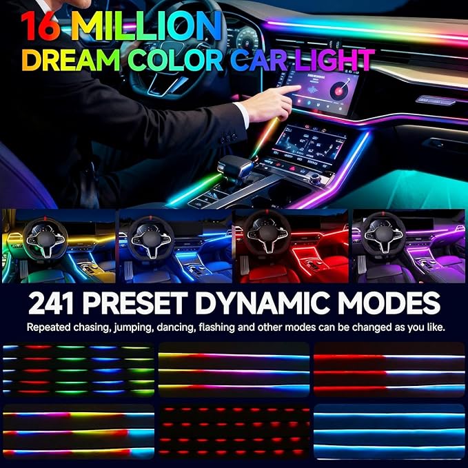 Interior Car LED Strip Lights,Acrylic LED Lights for Car with Dynamic Dreamcolor Chasing,235 inches 8 in 1 RGB Neon Strip Fiber Optic Ambient Lighting Kits with Remote APP, for Inside car Decorations