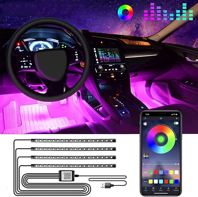Car Led Interior Lights, RGB 72 LED Multicolor Auto Strip Light with Sound Active Function and APP Control, Under Dash Smart Lighting Kit with Charger, Car Accessories (USB)