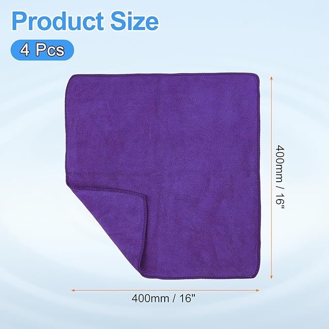 HARFINGTON 4 Pack Microfiber Cleaning Cloth, 16" x 16" Multi-Functional Cleaning Towels Reusable Absorbent Rags for Car Wash Kitchen Household Window Clean, Purple